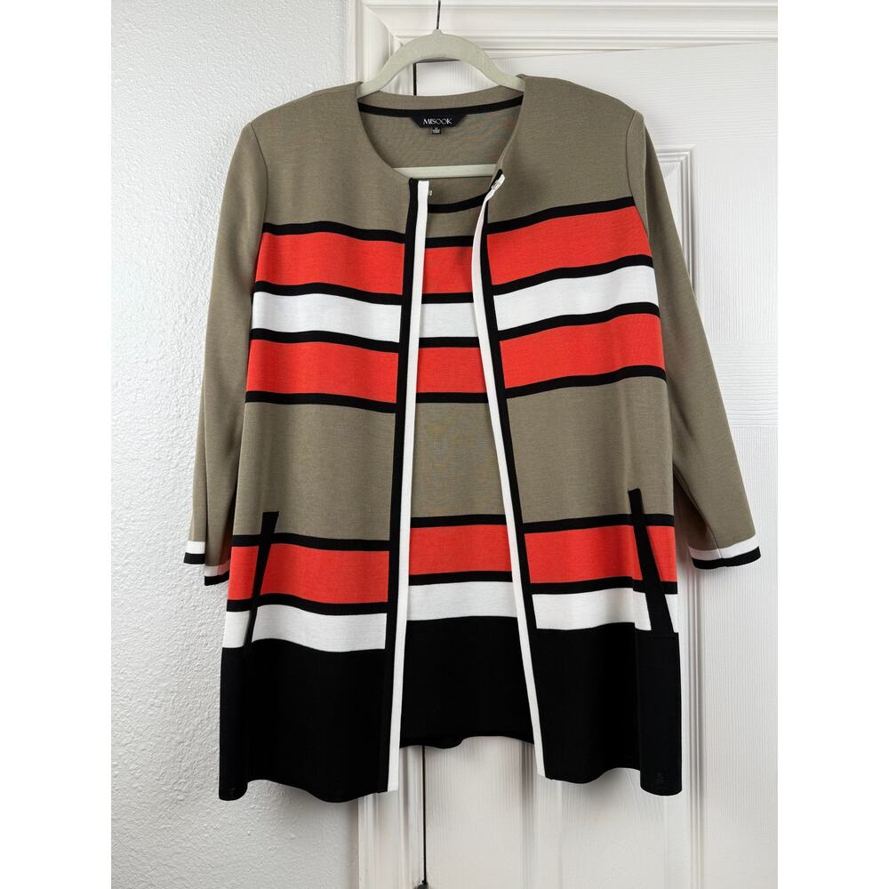 Misook 3Pc Knit Pant Suit Orange Stripe Jacket Tank Pants Career L